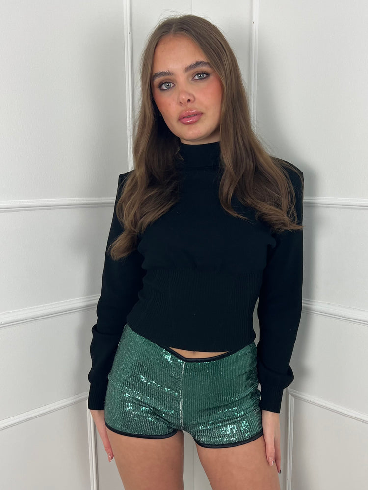 Low Waisted Sequin Shorts - Green