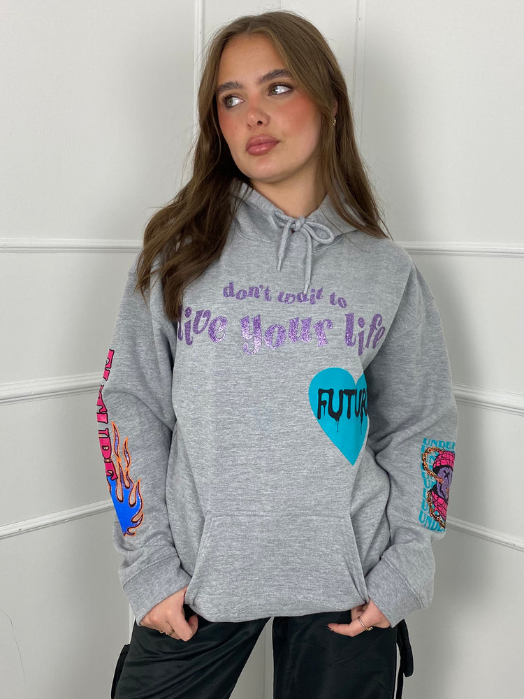 Live Your Life Graphic Hoodie- Grey
