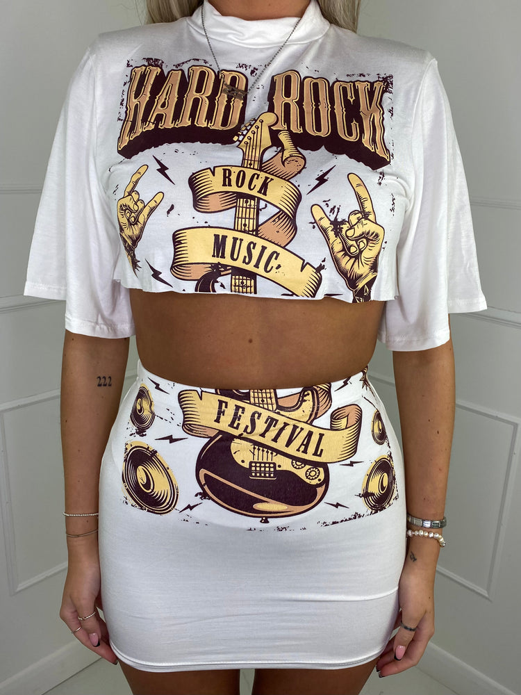 Cropped T-Shirt Co-ord - White Hard Rock Print