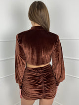 Shoulder Pad Long Sleeve Velvet Skirt set - Chocolate brown
