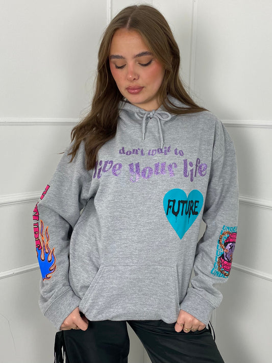 Live Your Life Graphic Hoodie- Grey