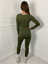 Long Sleeve Gym Unitard With Zip - Khaki