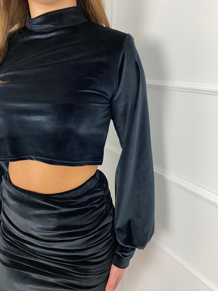 Shoulder Pad Long Sleeve Velvet Skirt set - Black