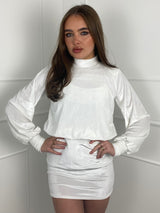 Shoulder Pad Long Sleeve Velvet Dress - White