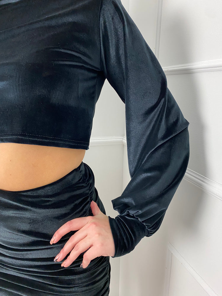 Shoulder Pad Long Sleeve Velvet Skirt set - Black