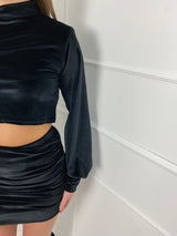 Shoulder Pad Long Sleeve Velvet Skirt set - Black