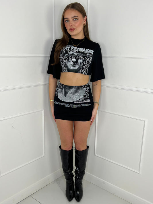 Cropped T-Shirt Co-ord - Black Fearless Statue