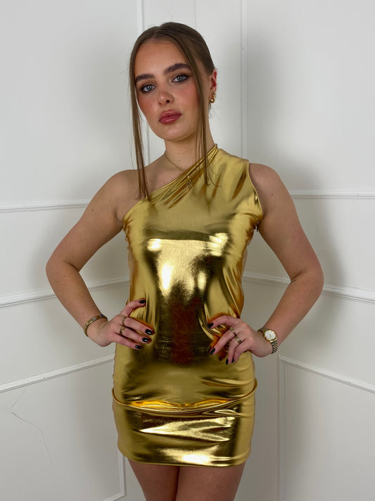 Metallic One Shoulder Mini Dress - Gold