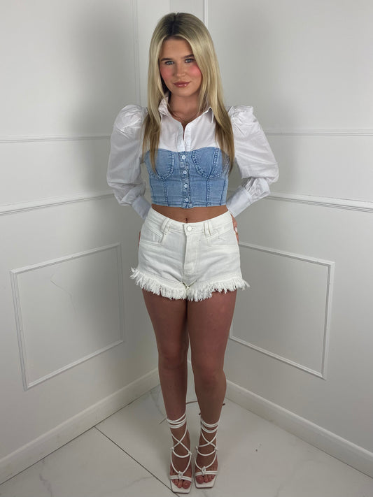 Denim Corset Style Shirt Top - White