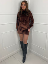 Shoulder Pad Long Sleeve Velvet Dress - Chocolate Brown