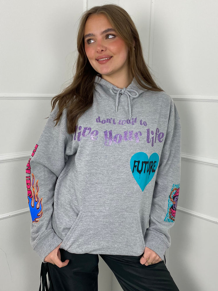 Live Your Life Graphic Hoodie- Grey